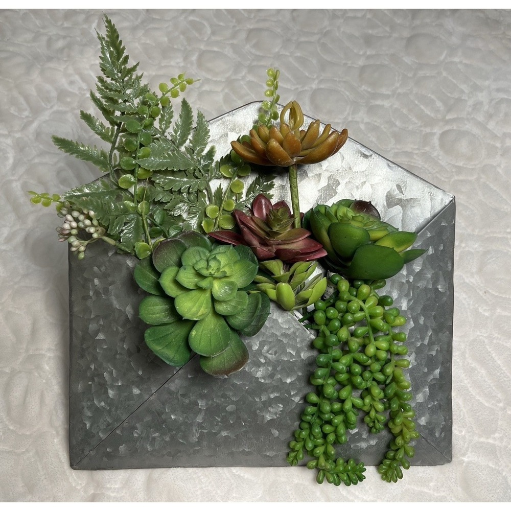Galvanized Metal Wall Pocket Planter Envelope w/ Faux Succulents Home Decor - Picture 2 of 6